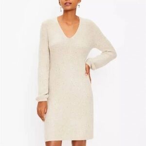 LOFT Shimmery Gold Cream Knit Dress V-Neck